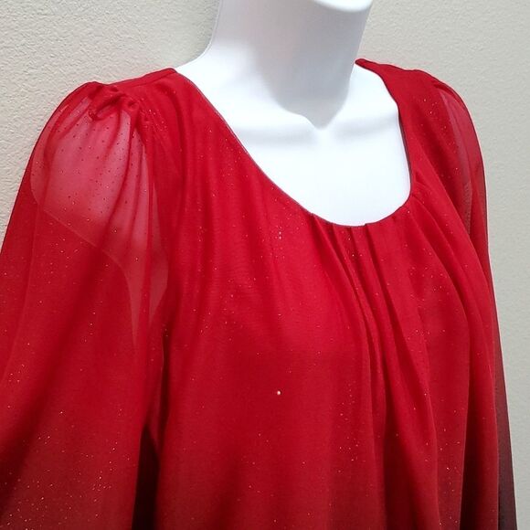SARA MICHELLE BLOUSE, Sz S, RED SPARKLING, 3/4 SLEEVE, SCOOP NECK, POLYESTER - Picture 3 of 14